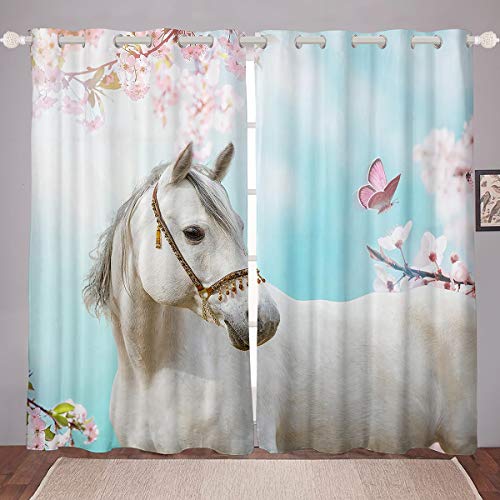 Loussiesd Pferd Drucken Blickdichte Vorhänge Wild Tier Themed Vorhänge Schmetterling Blumendruck Fenstervorhang 137x117cm für Kinder Jungen Mädchen Mikrofaser Natur Themed Raumdekoration von Loussiesd