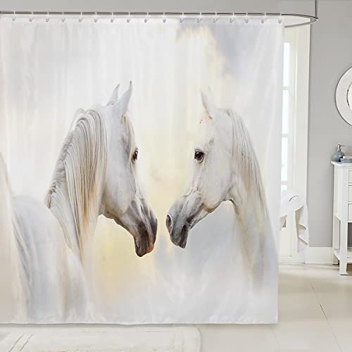 Loussiesd Pferde Duschvorhang 180x200cm für Kinder Erwachsene galoppierendes Pferd Bedruckte Jungen Mädchen 3D Wildtiermuster Tierwelt Stil Duschvorhang Textil Zimmerdekoration Weiß von Loussiesd