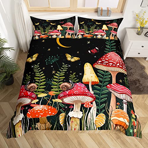 Loussiesd Pilz Drucken Bettwäsche Set 200x200cm Natürlicher Wildpilz Bettbezug Set für Kinder Jungen Mädchen Botanische Pflanzen Betten Set Schmetterling mit 2 Kissenbezügen von Loussiesd