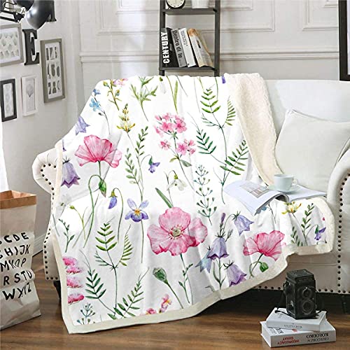 Loussiesd Pink Poppy Sherpa Decke Poppy Floral Fleece Überwurf Decke für Sofa Couch Bett Botanical Floral Printed Plüsch Decke Ultra Soft Decor Colorful Wild Flowers Fuzzy Blanket Single 127x152.4 cm von Loussiesd