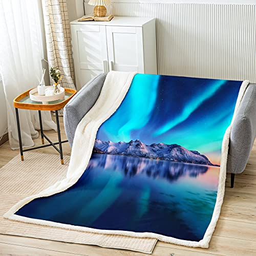 Loussiesd Polarlicht Thema Decke 150x200cm Aurora Borealis Nordlichter Kuscheldecke Natur Astronomische Landschaft Schneeberg Wohndecke für Kinder Flanell Fleecedecke von Loussiesd