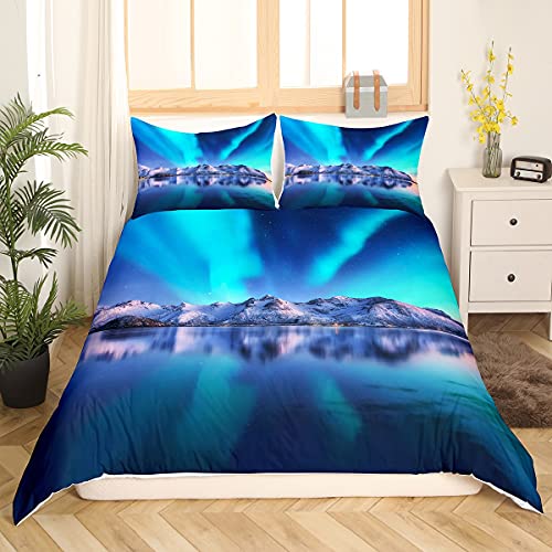 Loussiesd Polarlicht Themen Bettwäsche-Sets Aurora Borealis Nordlichter Bettbezug Natur Astronomische Landschaft, Schneeberg Bettwäsche 155x220cm für Kinder Teens, 2-teilig von Loussiesd