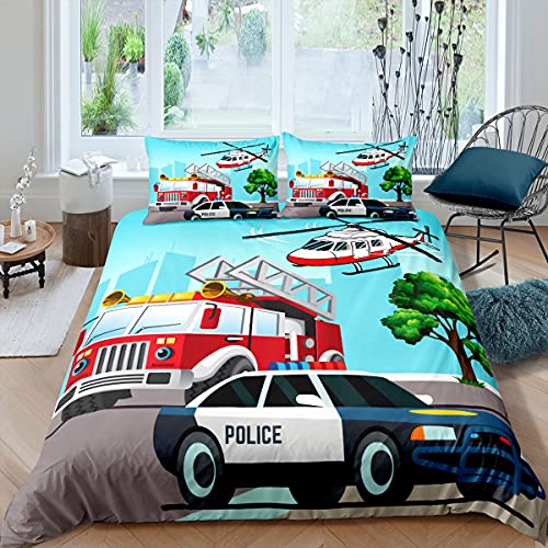 Loussiesd Polizei Feuerwehr Bettw?sche 135x200cm Kinder Karikatur Feuerwehrauto Polizeiauto Flugzeug Bettw?sche Set Jungen Jugendliche M?dchen Bettbezug Set Mikrofaser Dekor Betten Set von Loussiesd