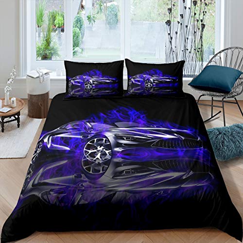 Loussiesd Rennsportwagen Bettwäsche Set 155x220cm Extremsport Thema Bettbezug Set für Jungen Teens Herren Autosportwettbewerb Betten Set Cool Automobile Stil Blau von Loussiesd