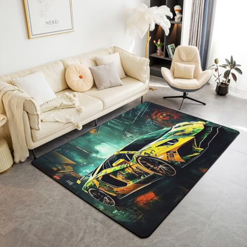 Loussiesd Rennwagen Teppich 100x150cm Speed Sportwagen Modern Teppich für Jungen Mädchen Teens Rennwagen Wohnzimmerteppich Automobil Küchenteppich Balck Grün Gelb von Loussiesd