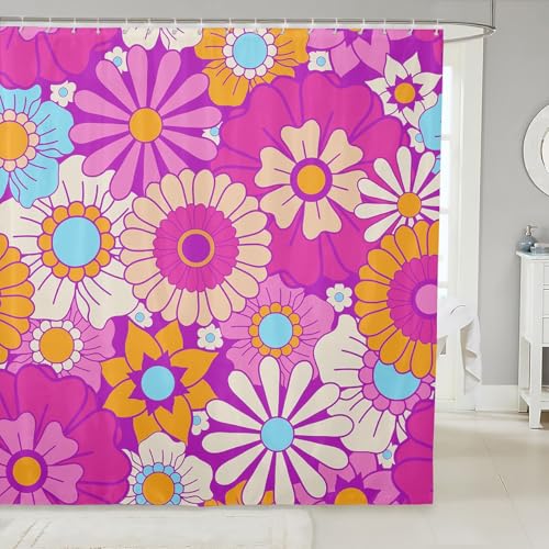 Loussiesd Retro Hippie Blume Duschvorhang 180x200cm 60S 70S Groovy Floral Drucken Duschvorhang Textilative Vintage Boho Pflanze Floral Blossom Duschvorhang Rosa Duschvorhang Textil von Loussiesd