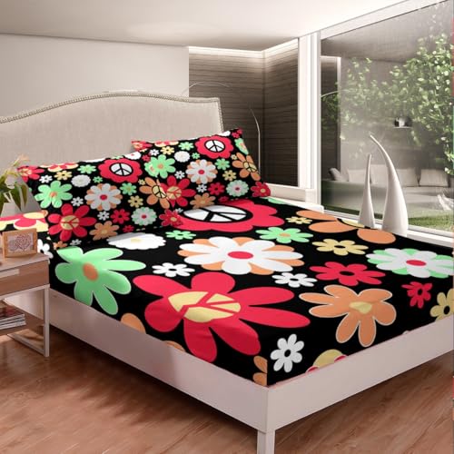 Loussiesd Retro Hippie Blume Spannbettlaken 90x200cm Frieden Kunst Bettlaken Set Atmungsaktiv 60S 70S Groovy Vintage Cartoon Floral Frieden Zeichen Kunstwerk Spannbetttuch Red Spannbettlaken Loussiesd Retro Hippie Blume Spannbettlaken 90x200cm Frieden Kunst Bettlaken Set Atmungsaktiv 60S 70S Groovy Vintage Cartoon Floral Frieden Zeichen Kunstwerk Spannbetttuch Red Spannbettlaken von Loussiesd