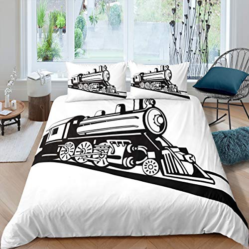 Loussiesd Retro Zug Bettwäsche Set Dampflokomotive Muster Bettbezug Set Vintage Weiß Schwarz Betten Set für Kinder Mädchen Jungen Dekorative 2-teilige Bettwäsche 135x200cm von Loussiesd