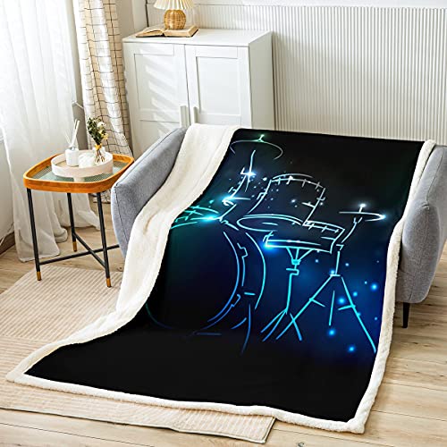 Loussiesd Rock Instrument Decke 150x200cm Schlagzeug Kuscheldecke für Jungen Jugendliche Mann Musik Thema Kreative Fluoreszierende Wohndecke Mode Schlafzimmer Dekor Blau Flanell Fleecedecke von Loussiesd