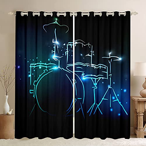 Loussiesd Rock Instrument Fenstervorhang 183x117cm Schlagzeug Blickdichte Vorhänge für Jungen Jugendliche Mann Musik Thema Kreative Fluoreszierende Vorhänge Mode Schlafzimmer Dekor Blau von Loussiesd