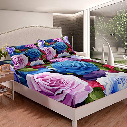 Loussiesd Rose Blumendruck Spannbetttuch Romantische Blumen Muster Bettlaken Set Buntes Design Spannbettlaken 90x200cm Für Kinder Erwachsene Gartenthema Atmungsaktive rutschfeste von Loussiesd