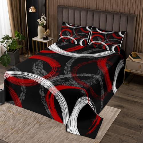 Loussiesd Rot Rosa Grau schwarz Kreis Tagesdecke für Kinder Jungen Mädchen Geometrische Bettüberwurf 170x210cm Abstrakte Kunst Steppdecke Moderne gestreifte Geometrie von Loussiesd