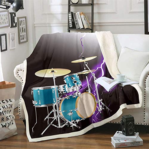 Loussiesd Schlagzeug Kit Fleece Kuscheldecke Rockmusik Thema Decke Musikalisches Muster Decke für Jugendliche Teenager Raumdekoration Lila Blitz Flanell Fleecedecke 150x200cm von Loussiesd