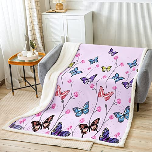 Loussiesd Schmetterling Wohndecke Mädchen 130x150cm Rosa Violett Schmetterling Blumen Flanell Fleecedecke Bauernhof Blumenzweig Pflanze Kuscheldecke Kinder Frau Schlafzimmer Romantisch Decke von Loussiesd