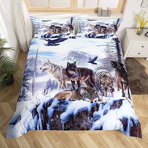 Loussiesd Schneefeld Wolf Bettwäsche Set 135x200 cm 3D Wölfe Drucken Bettbezug Set für Kinder Jungen Weiß Blau Tierwelt Tiere Betten Set Super weich Mikrofaser mit 1 Kissenbezug Reißverschluss von Loussiesd