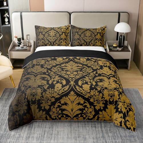 Loussiesd Schwarz Gold 100% Baumwolle Bettwäsche Set 220x240cm Vintage Damast Floral Betten Set für Oriental Antik Betten Set Gotik Bohemia Boho Blume Loussiesd Schwarz Gold 100% Baumwolle Bettwäsche Set 220x240cm Vintage Damast Floral Betten Set für Oriental Antik Betten Set Gotik Bohemia Boho Blume von Loussiesd