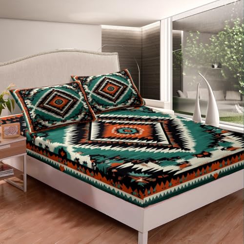 Loussiesd Schwarz Südwestern Spannbettlaken 160x200cm Geometrische Bettlaken Böhmische Boho Geometrie Südwestern Bettlaken Set für Tribal Spannbetttuch von Loussiesd