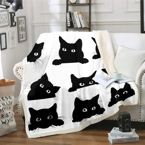 Loussiesd Schwarzer Katzendruck Wohndecke für Kinder Mädchen Haustier Katzen Muster Flanell Fleecedecke Decke Süße Katzen Tier Thema Kuscheldecke 150x200cm Decke Schwarz Weiß für Couch Bett Sofa von Loussiesd