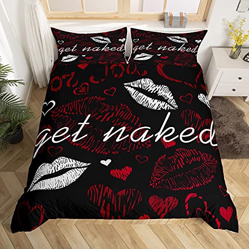 Loussiesd Sexy Lippen Betten Set Lustige Werden Naked Bettwäsche Set 155x220cm für Paar Liebhaber Kuss Bettbezug Set Weiß Rot Frau Mund Muster Dekor Zimmer Dekor 2St von Loussiesd