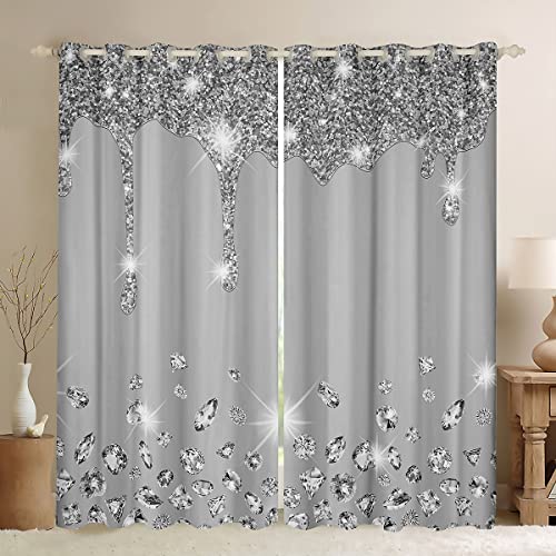 Loussiesd Silber Glitzer Blickdichte Vorhänge (kein Glitzer) Bling Party Dekoration Grau Vorhänge für Kinder Jungen Jugendliche Diamant und Schmuck Fenstervorhang 175x140cm Raumdekoration von Loussiesd