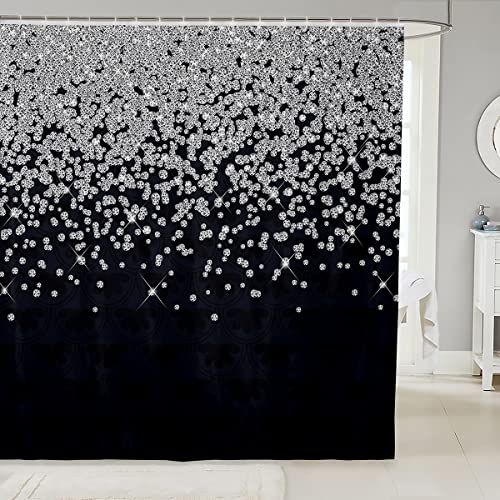 Loussiesd Silber Glitzer Duschvorhang 180x180cm (kein Glitzer) Bling Party Deko Schwarz Badezimmer Stoff für Kinder Jugendliche Diamant Blumen Duschvorhang Textil wasserdichte Vorhänge von Loussiesd
