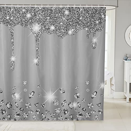 Loussiesd Silber Glitzer Duschvorhang 180x200cm (kein Glitzer) Bling Party Deko grau Badezimmer Stoff für Diamanten und Schmuck Duschvorhang Textil wasserdichte Vorhänge Stall Badewannen Deko von Loussiesd