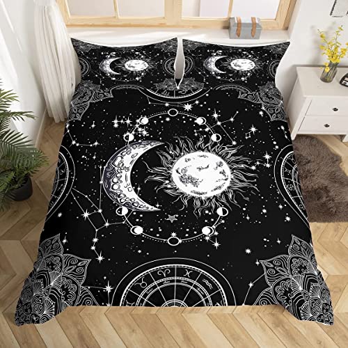 Loussiesd Sonne und Mond Bettwäsche 220x240cm Konstellation Bettbezug für Kinder Jungen Mädchen Teenager Psychedelisch Boho Mandala Bettwäsche Set Himmelsgalaxie Tagesdecke Schwarz Weiß Raumdekor von Loussiesd