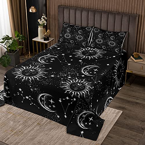 Loussiesd Sonne und Mond Tagesdeck 220x240cm Boho Exotisch Bettüberwurf Galaxis Astrologie Steppdecke Schick Niedlich Luxus Konstellation Wohndecke Silber und Schwarz Raumdeko von Loussiesd