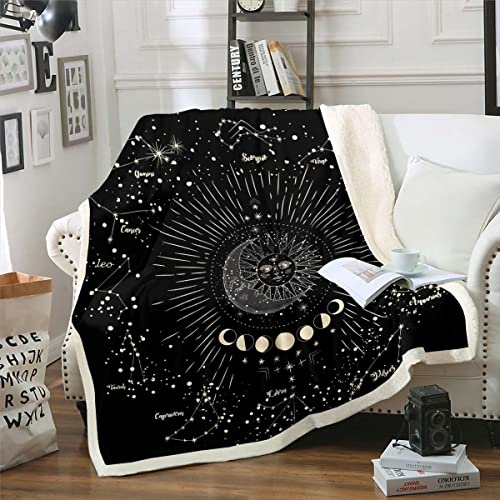 Loussiesd Sonne und Mond gedruckt Decke 150x200cm Boho Exotisches Dekor für Kinder Mädchen Galaxie Astrologie Kuscheldecke Bohemian Stammes Schwarz Wohndecke Flanell Fleecedecke von Loussiesd