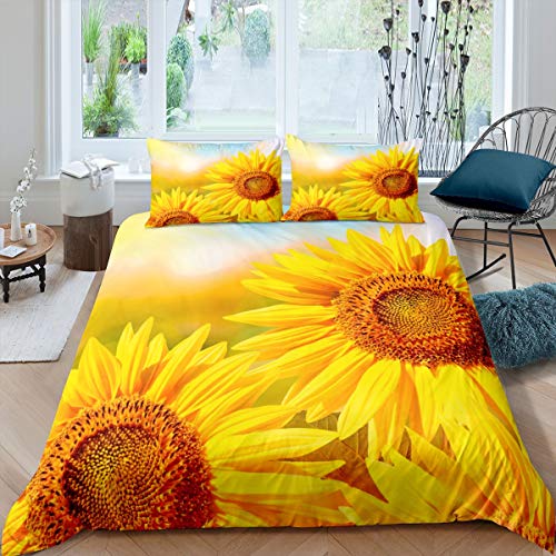 Loussiesd Sonnenblume Bettbezug Set für Mädchen Frauen Helle Blumenmuster Betten Set Gelbe Blüte Blumen Bettwäsche Set 135x200cm Natur Botanische Zweige Bettwäsche Kollektion 2St von Loussiesd