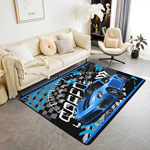 Loussiesd Speed Sportwagen Area Teppich 150x200cm Rennauto Wohnzimmer Teppiche Extreme Sport Dekorative Teppich Automobil Innenbodenmatte Blau Schwarz Küchenteppich Teppich Wetterfest rutschfest von Loussiesd