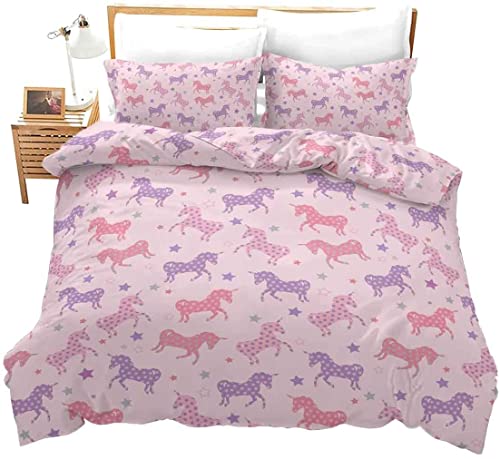 Loussiesd Stern Einhorn Bettwäsche Set 135x200cm Rosa Violett Einhorn Silhouette Bettbezug Set für Kinder Mädchen Magisch Fantasie Einhorn Betten Set mit 1 Kissenbezug von Loussiesd