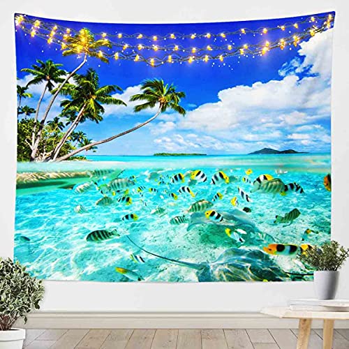 Loussiesd Strand Wandbehang für Kinder Frauen Mädchen Tropisch Ozean Fisch Tapisserie Hawaiian Meer Tier Drucken Wandteppich 148x200cm Mikrofaser Sommer Urlaub Palme Wandtuch Blau von Loussiesd