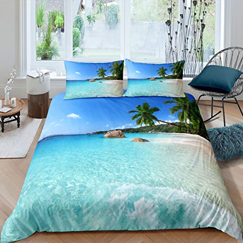 Loussiesd Strandbettw?sche Ozean Bettbezug Hawaiian Palme Waves Bettw?sche Sommer Tropisch Island und Sea Beach Nature Theme Bettbezug 135x200 cm blau Betten Set mit Rei?Verschluss von Loussiesd