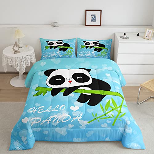 Loussiesd Süß Panda Steppbett Mädchen Blau Karikatur Panda Blau Bettdecke 135x200cm für Netter Jungen Mädchen Kawaii Panda 4-Jahreszeiten Bettdecke Tier Steppdecke Winter Sommer Bettdecke von Loussiesd