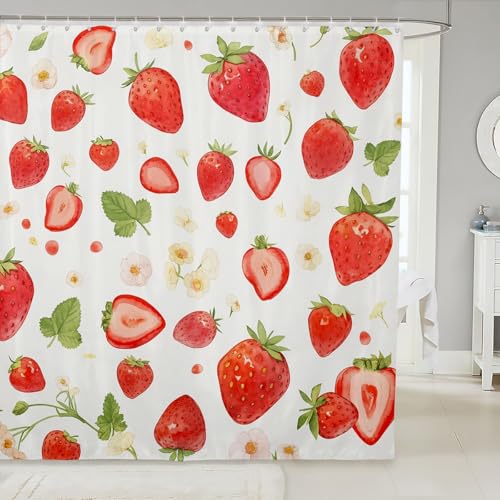 Loussiesd Süße Erdbeere Duschvorhang 180x180cm Kinder Frische Früchte Drucken Duschvorhang Textil für Kinder Mädchen Botanische Blumen Duschvorhang Tropische Früchte Drucken Duschvorhang von Loussiesd