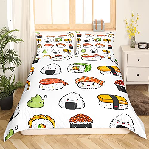 Loussiesd Sushi Muster Bettbezug Set Japanischer Stil Bettwäsche Set 135x200cm für Kinder Jungen Mädchen Teenager Essen Thema Betten Set Niedlicher Cartoon Japanisches Sushi Raumdekor von Loussiesd