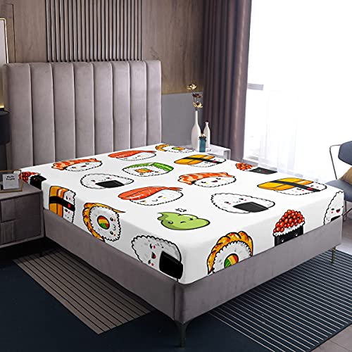 Loussiesd Sushi Muster Spannbettlaken 160x200cm Bettlaken Set im japanischen Stil Bettlaken für Kinder Jungen Mädchen Jugendliche Essen Thema Spannbetttuch Niedlicher Karikatur Japanisches Sushi von Loussiesd