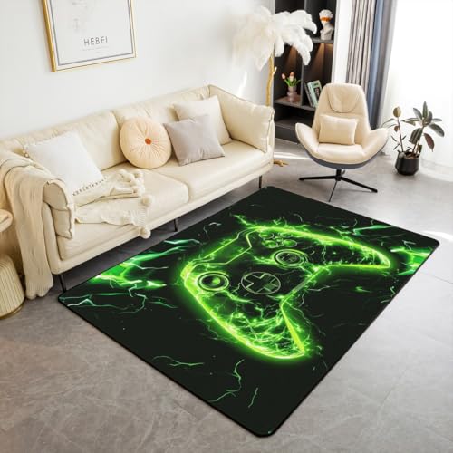 Loussiesd Teens Teppich 100x150cm Blitz Gamepads Wohnzimmerteppich Jungen Super Weichationen Gamer Modern Teppich Gaming Outdoor Teppich Grün Schwarz Modern Teppich Spielkonsolen Controller von Loussiesd