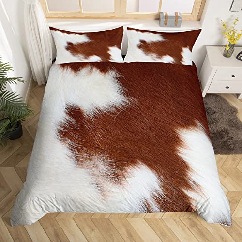 Loussiesd Tierhaar Bettbezug Set Kinder Braun Weiß Rindsleder Bettwäsche Set 135x200cm Damen Herren Mikrofaser weich Kuhfell Dekor Betten Set Bauernhaus Rustikal Schlafzimmer von Loussiesd