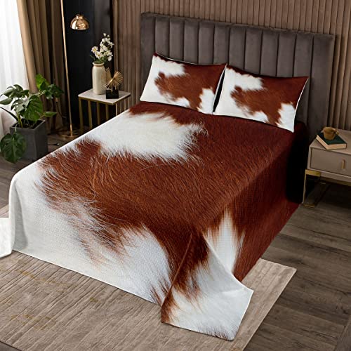 Loussiesd Tierhaar Tagesdeck 240x260cm Wohndecke Kinder Braun Weiß Kuhfell Steppdecke Damen Herren Mikrofaser Weich Kuhhaut Dekor Bettüberwurf Bauernhaus Rustikal Schlafzimmer von Loussiesd