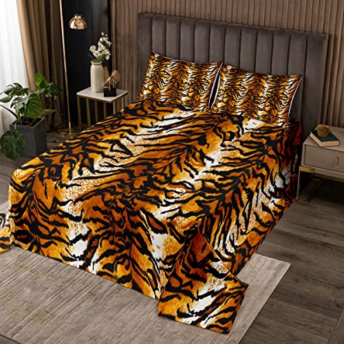 Loussiesd Tiger Drucken Bettüberwurf Schwarz und Braun Tiger Haut Steppdecke für Jungen Kinder Safari Tierfell Drucken Tagesdeck 240x260cm Afrika Tierwelt Wohndecke Zimmerdekoration 3St von Loussiesd