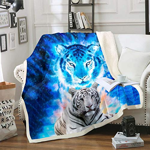 Loussiesd Tiger Drucken Kuscheldecke 150x200cm Wildtier Thema Wohndecke Blue Galaxy Flanell Fleecedecke Für Kinder Erwachsene Wildlife Safari Katzendruck Ultra weich Raumdekoration Decke Blau von Loussiesd