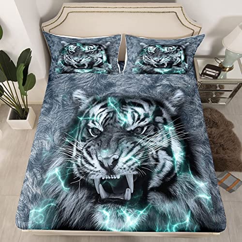 Loussiesd Tiger Spannbettlaken 140x200cm Safari Tiger Fell Haar Bettlaken Set für Kinder Jungen Mädchen Blitz Wild Tier Spannbetttuch Grau Weiß Unheimlich Design Schlafzimmer Kollektion 2St von Loussiesd