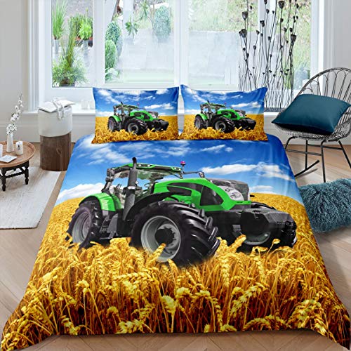 Loussiesd Traktor Bettwäsche Set Kinder 135x200cm Bettwäsche Jungs Teenager Weizenfeld Mähdrescher drucken Bettbezug Set Blau Grün Gold 100% Mikrofaser Betten Set Bauernhöfe Traktor Bettwäsche Jungs von Loussiesd