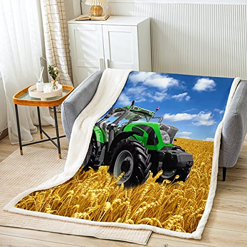 Loussiesd Traktor Decke 75x100cm Kinder Jungs Jugendliche Weizenfeld M?hdrescher drucken Kuscheldecke Blau Grün Gold 100% Mikrofaser Wohndecke Bauernhöfe Traktor Jungs Flanell Fleecedecke von Loussiesd