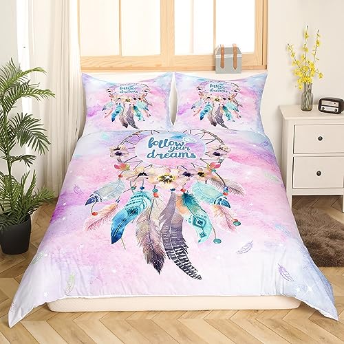 Loussiesd Traumfänger Bettwäsche Mädchen Dreamcatcher Blumen Federn Set Kinder Teens Bunt Bettbezug Women Romantisch Dekor Bohamian Bettwäsche-Set Rosa Lila, Kissenbezug, 135*200+80*80*1 von Loussiesd