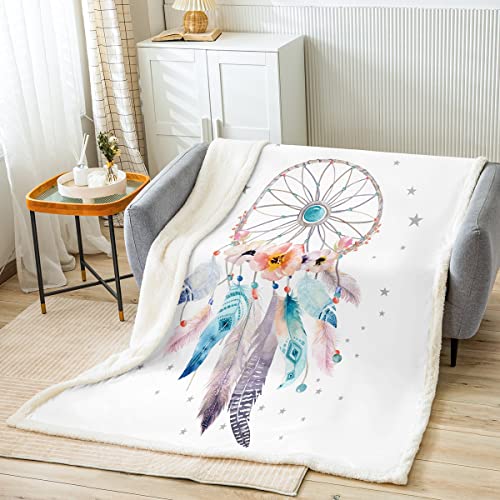 Loussiesd Traumfänger Flanell Fleecedecke 75x100cm Boho Traumfänger Kuscheldecke Gefährliches Wohndecke für Mädchen Kinder Frauen Blumen Blumen Hippie Feder von Loussiesd