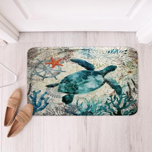 Loussiesd Turtle Badteppiche für rutschfeste Shag Badematte 40x60cm Blaugrün Ozean Tortoise Dekor Extra Weich Vlies Saugfähig Badezimmerteppich für Duschraum Wohnzimmer Retro Meer Surtle Badvorleger von Loussiesd