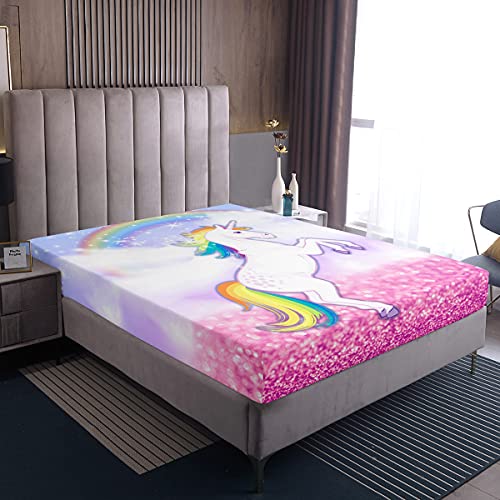 Loussiesd Verträumte Einhorn Spannbettlaken 140x200cm Kinder Mädchen Rosa Lila Spannbetttuch für Frauen Farbe Regenbogen Pferd Boxspringbett Bettlaken Weiche Mikrofaser Spannbetttuch von Loussiesd